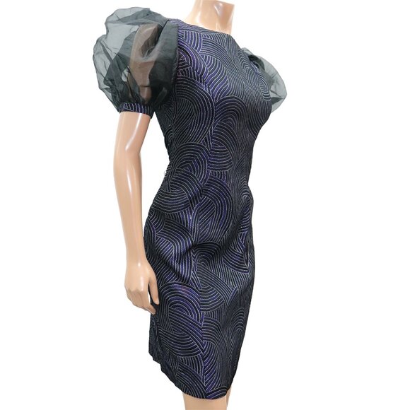 COUTURE Brocade Geometric Jacquard Fitted Dress Puff Sleeve S - Picture 3 of 5
